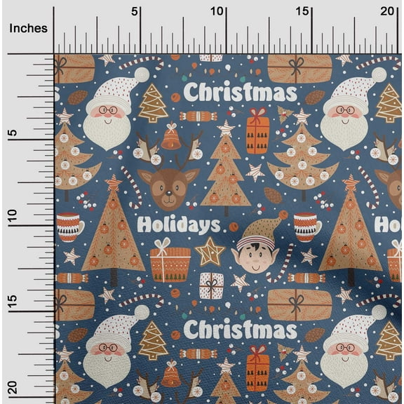 oneOone Viscose Chiffon Dark Dusty Blue Fabric Santa|Gift Box & Tree Christmas Quilting Supplies Print Sewing Fabric By The Yard 42 Inch Wide