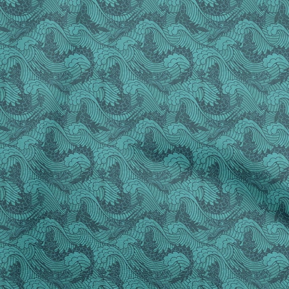 oneOone Viscose Chiffon Dark Teal Green Fabric Asian Japanese Wave Diy Clothing Quilting Fabric Print Fabric By Yard 42 Inch Wide