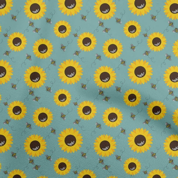 oneOone Viscose Chiffon Dark Teal Green Fabric Floral Sunflower With Honey Bees Sewing Fabric By The Yard Printed Diy Clothing Sewing Supplies 42 Inch Wide