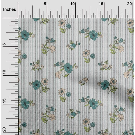 oneOone Viscose Chiffon Dusty Teal Blue Fabric Stripe|Leaves & Floral Artistic Dress Material Fabric Print Fabric By The Yard 42 Inch Wide