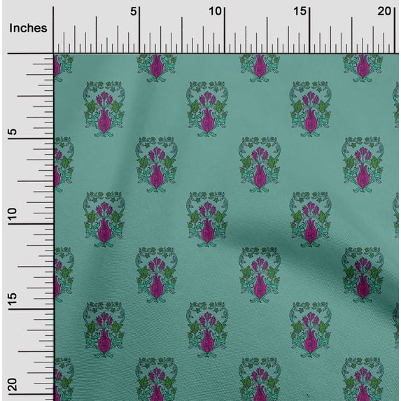 oneOone Viscose Chiffon Dusty Teal Green Fabric Leaves & Floral Block Craft Projects Decor Fabric Printed By The Yard 42 Inches Wide