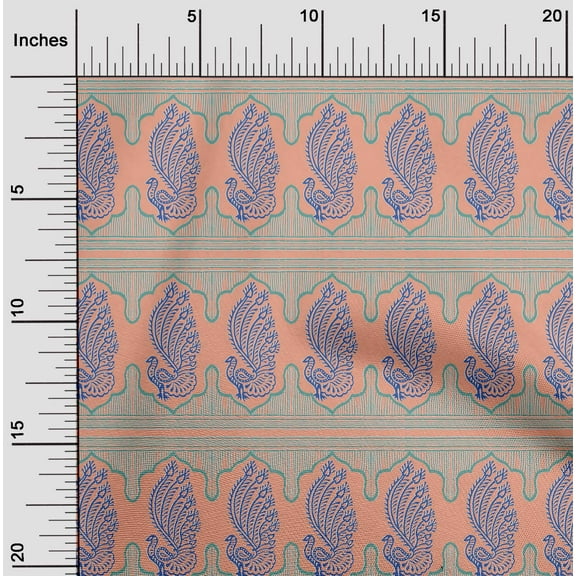oneOone Viscose Chiffon Fabric Peacock Block Printed Fabric 1 Yard 42 Inch Wide