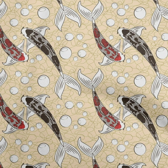 oneOone Viscose Chiffon Light Beige Fabric Asian Japanese Koi Fish Fabric For Sewing Printed Craft Fabric By The Yard 42 Inch Wide