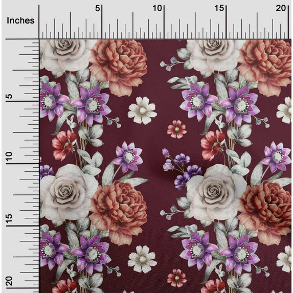 oneOone Viscose Chiffon Maroon Fabric Leaves|Lotus & Rose Floral Quilting Supplies Print Sewing Fabric By The Yard 42 Inch Wide