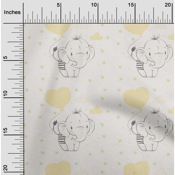 oneOone Viscose Chiffon Pale Yellow Fabric Star|Balloon & Baby Elephant Kids Craft Projects Decor Fabric Printed By The Yard 42 Inch Wide