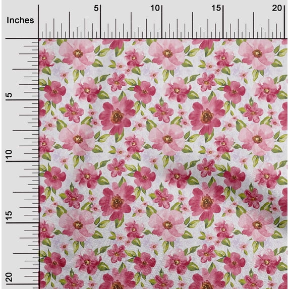 oneOone Viscose Chiffon Pink Fabric Leaves & Watercolor Flower Floral Craft Projects Decor Fabric Printed By The Yard 42 Inch Wide