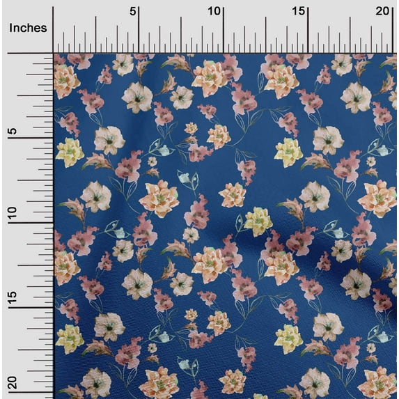 oneOone Viscose Chiffon Royal Blue Fabric Flower & Leaves Watercolor Diy Clothing Quilting Fabric Print Fabric By Yard 42 Inch Wide