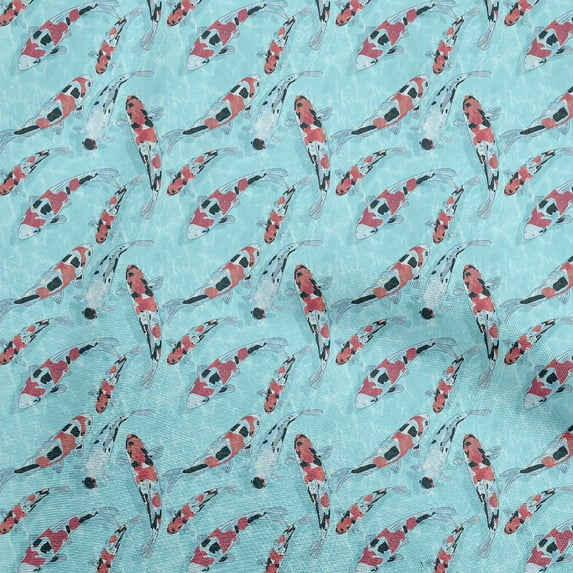 oneOone Viscose Chiffon Turquoise Blue Fabric Asian Japanese Koi Fish With Watercolor Base Craft Projects Decor Fabric Printed By The Yard 42 Inch Wide
