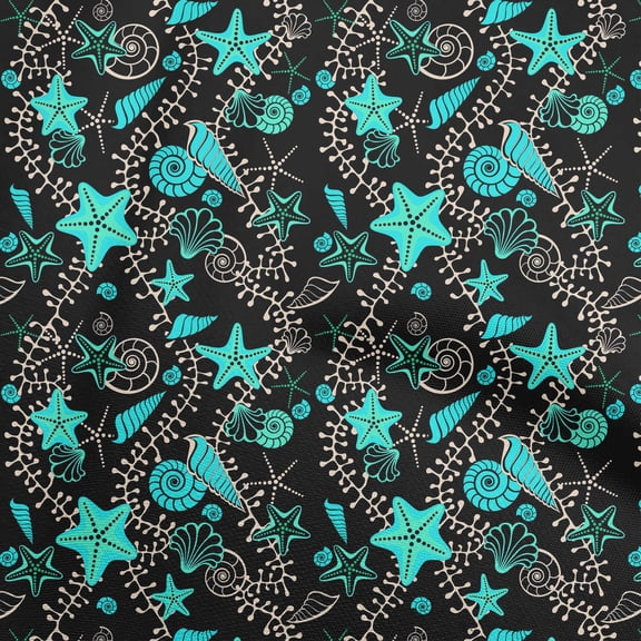 oneOone Viscose Chiffon Turquoise Blue Fabric Beach Starfish &Shell Craft Projects Decor Fabric Printed By The Yard 42 Inch Wide
