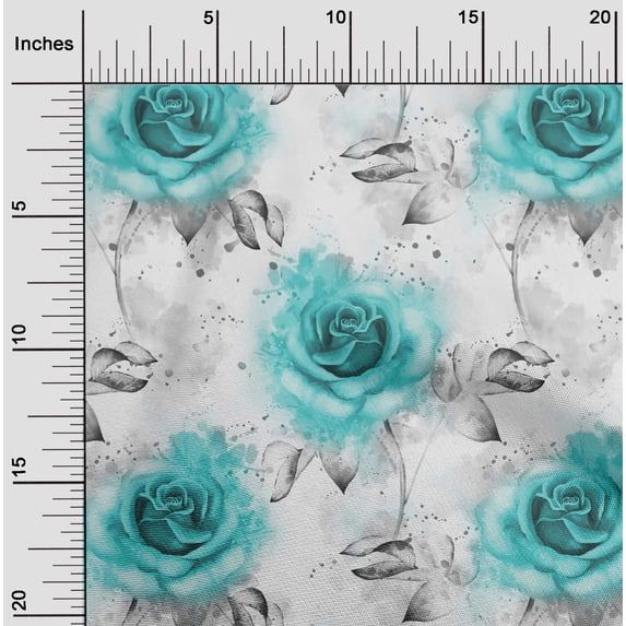 oneOone Viscose Chiffon Turquoise Green Fabric Leaves & Rose Watercolor Dress Material Fabric Print Fabric By The Yard 42 Inch Wide
