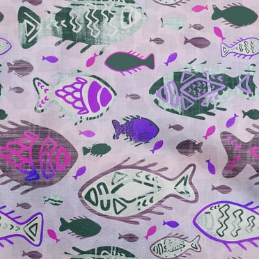 oneOone Viscose Chiffon Violet Fabric Asian Block Fish Fabric For Sewing Printed Craft Fabric By The Yard 42 Inch Wide