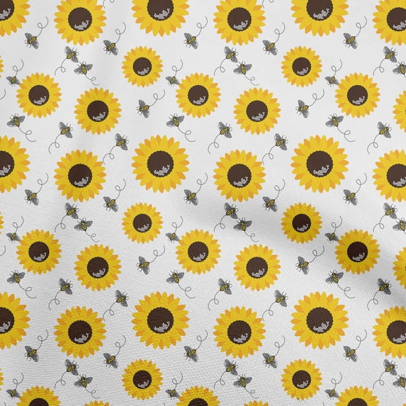 oneOone Viscose Chiffon White Fabric Floral Sunflower With Honey Bees Craft Projects Decor Fabric Printed By The Yard 42 Inch Wide