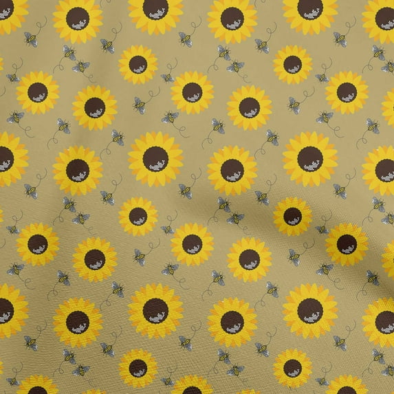 oneOone Viscose Jersey Light Brown Fabric Floral Sunflower With Honey Bees Sewing Material Print Fabric By The Yard 60 Inch Wide