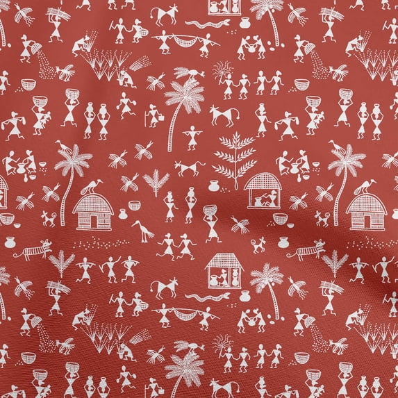 oneOoneCottonCambricRedFabricAsianFloralBlockSewingMaterialPrintFabricByTheYard56InchWide