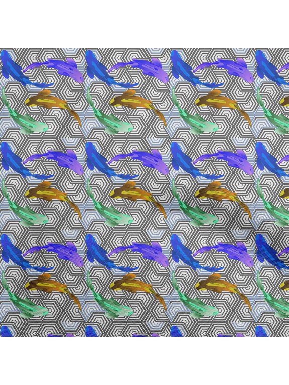 CottonPoplinTwillDarkBlueFabricAsianJapaneseKoiFishWithGeometricTextureDiyClothingQuiltingFabricPrintFabricByYard56InchWide