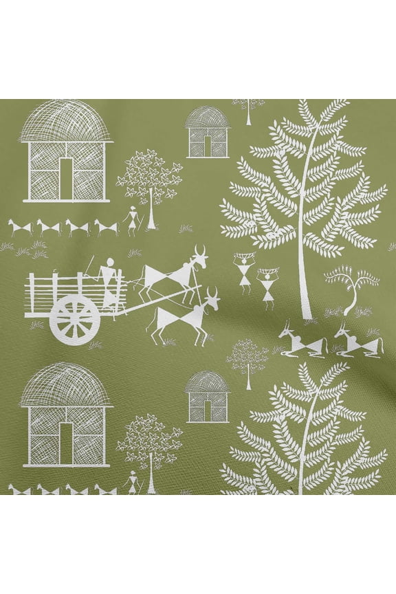 56 Inch Cotton Poplin Twill Asian Floral Block Print Sewing & Craft Fabric by the Yard, Dark Olive Green