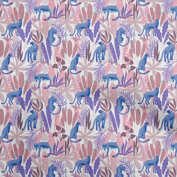 oneOonePolyesterSpandexLightPinkFabricTropicalAbstractLeafWithAnimalSewingCraftProjectsFabricPrintsByYard56InchWide