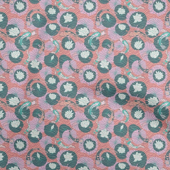 oneOonePolyesterSpandexPeachFabricAsianJapaneseKoiFishWithAbstractFlowerDressMaterialFabricPrintFabricByTheYard56InchWide