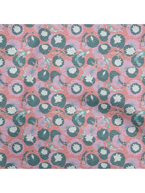 PolyesterSpandexPeachFabricAsianJapaneseKoiFishWithAbstractFlowerDressMaterialFabricPrintFabricByTheYard56InchWide