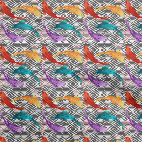 oneOonePolyesterSpandexRedFabricAsianJapaneseKoiFishWithGeometricTextureCraftProjectsDecorFabricPrintedByTheYard56InchWide