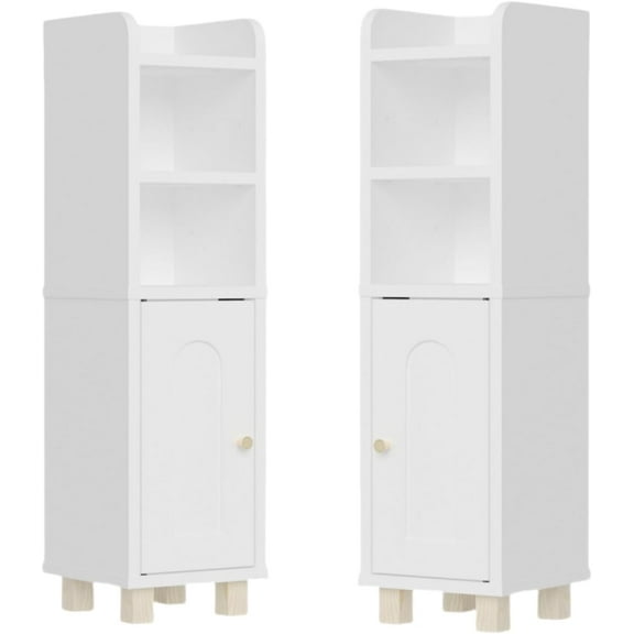 oneinmil 4 Tier Bookshelf and Bookcase Set of 2 Narrow Floor Cabinet with Door and Adjustable Shelves,Slim Shelf with Open Storage Space, White Cabinet for Home Office, Living Room, (White, 2 Pack)