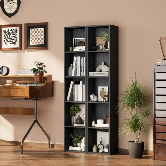 oneinmil 5-Tier Bookshelf Tall Narrow Set of 2 Modern Corner Bookcase Cube Display Rack Compact with Storage Space CD Storage Cabinet for Home Office (Black, 2 Pack)