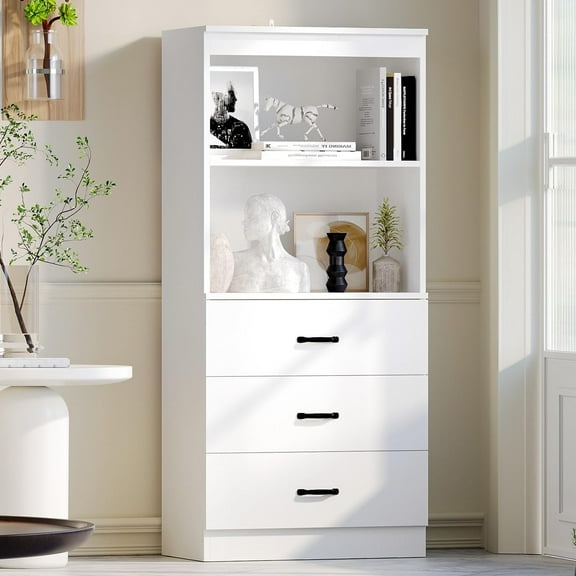 oneinmil 55.5" H 5-Tier Bookshelf with 3 Drawers, White Bookcase with 2-Tier Open Shelves, Tall Book Shelf with Storage Space, Wooden Storage Cabinet for Living Room, Bedroom, Office