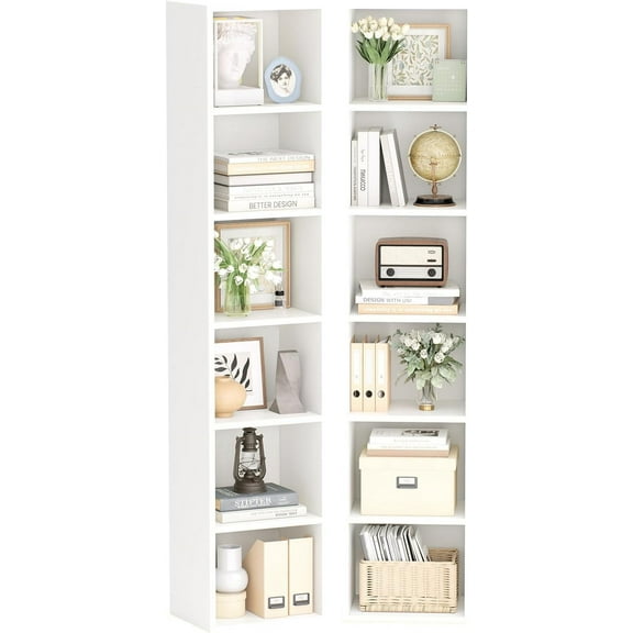 oneinmil 6-Tier Bookshelf 71.5'' Tall Narrow Set of 2 Modern Corner Bookcase Cube Display Rack Compact with Storage Space CD Storage Cabinet for Home Office (White, 6-Tier-2-Pack Narrow)
