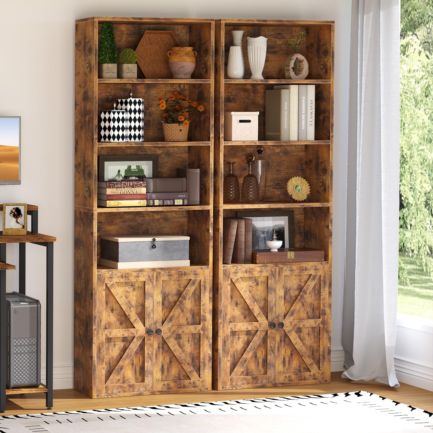 Oneinmil 6 Tier Bookshelf Set Of 2 - Double Wide With Cabinet Doors, Industrial Black, 71.5\" Tall, For Living Room