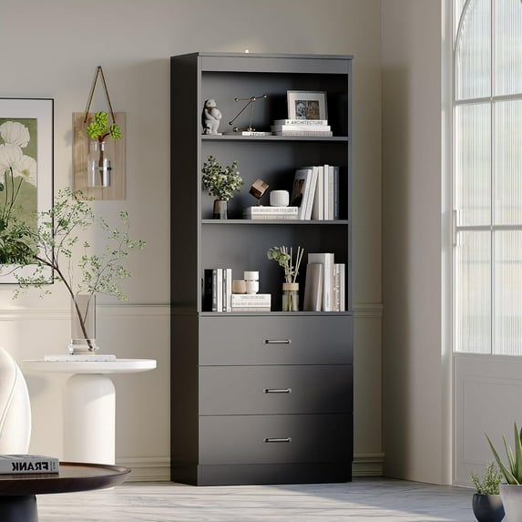 oneinmil 70" H 6-Tier Bookshelf with 3 Drawers, White Bookcase with 3-Tier Open Shelves, Tall Book Shelf with Storage Space, Wooden Storage Cabinet for Living Room, Bedroom, Office (Black, 6-Tier)