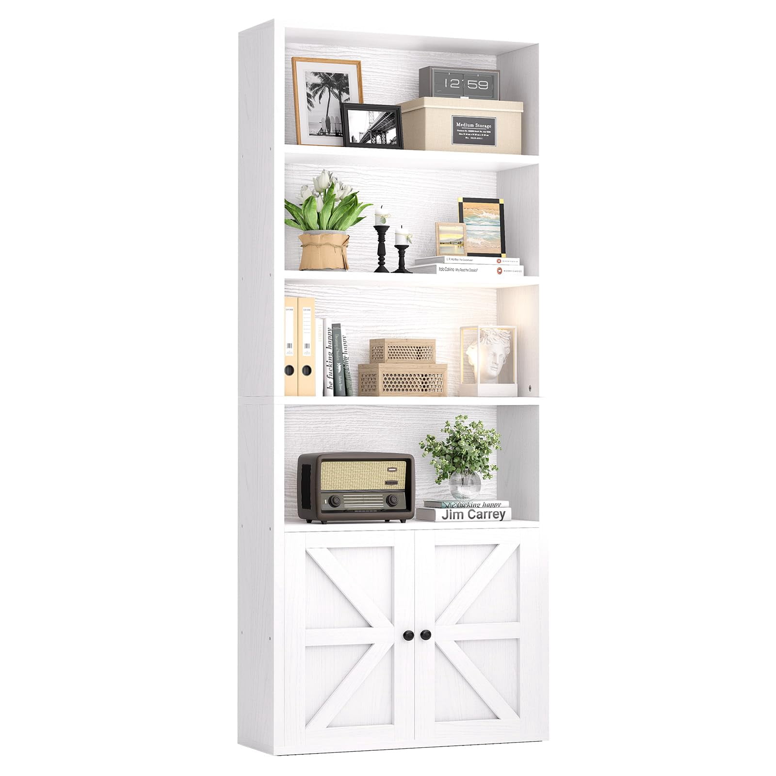 Oneinmil 6 Tier Bookcase, Wooden Bookshelves With Cabinet Doors, Floor