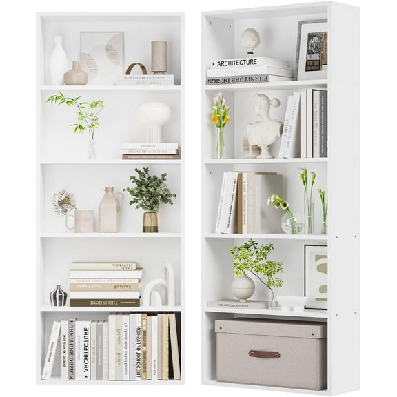 oneinmil Bookshelf 5-Tier Set of 2 Open Bookcase and Bookshelves Wooden Floor Standing Display Wide Storage Shelves Rack 60" Tall for Home Offices, Living Rooms, and Bedrooms, White