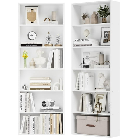 oneinmil Bookshelf 6-Tier Set of 2 Open Bookcase and Bookshelves Wooden Floor Standing Display Wide Storage Shelves Rack 71" Tall for Home Offices, Living Rooms, and Bedrooms, White