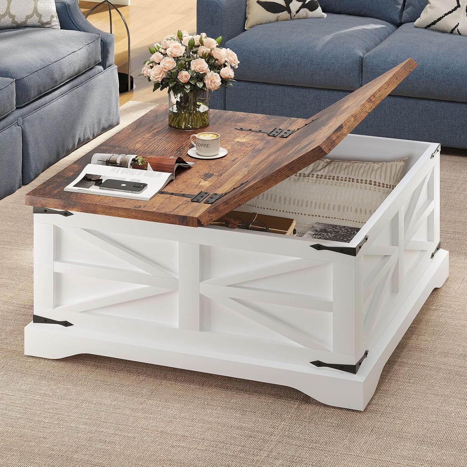 oneinmil Farmhouse Coffee Table with Storage Organizer, Square Coffee ...