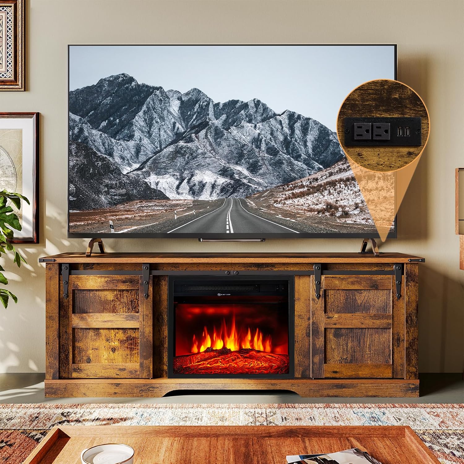 oneinmil Farmhouse Fireplace TV Stand with 18” Electric Fireplace, 58” TV Console Stand for TVs