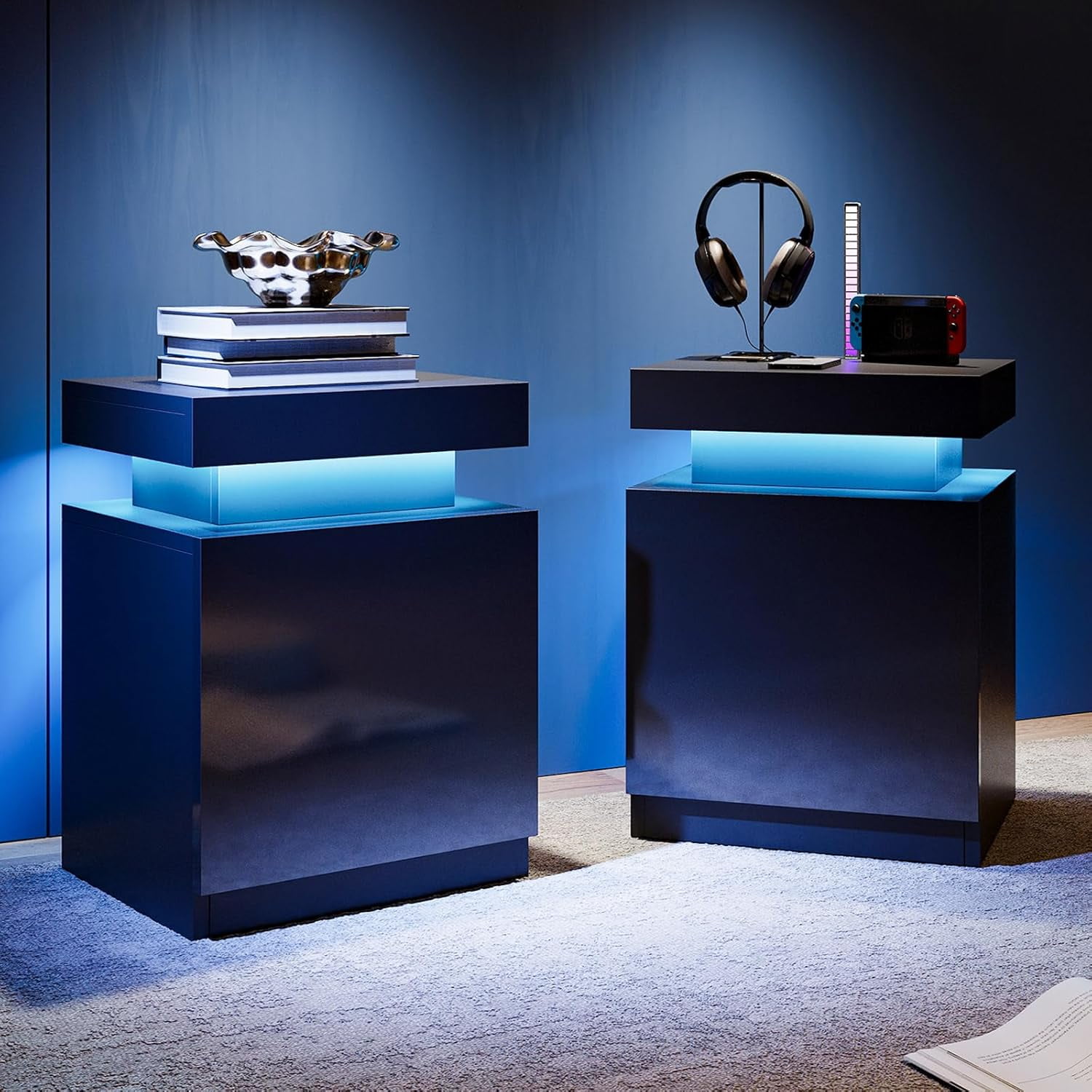 Black High Gloss LED Nightstand Set with Cabinet