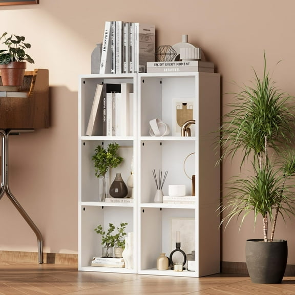 oneinmil Small Narrow Bookshelf Set of 2, 3-Tier Cube Display Rack, Modern Corner Bookshelf with Storage Space, CD Storage Cabinet for Home Office (White 2 Pack, 3-Tier)