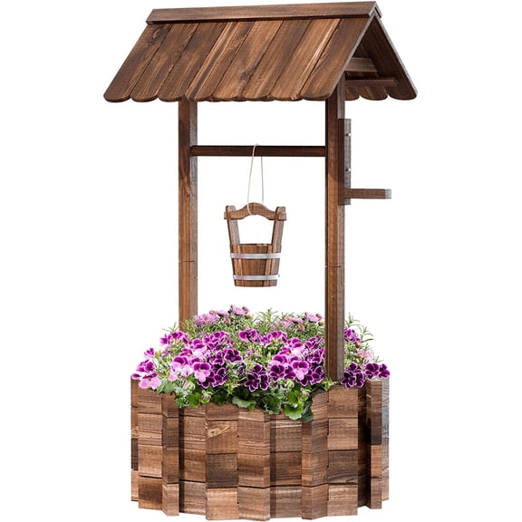 oneinmil Wooden Wishing Well Planter Indoor and Outdoor with Hanging Bucket for Flower and Plants, Home Decor for Patio Garden, Brown