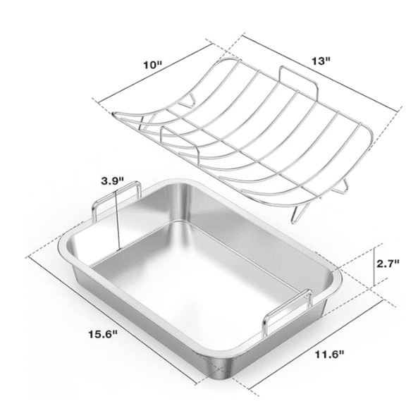 onlyfire Roasting Pan with U-Rack - Stainless Stebecue Bakeware Roaster, 16 Inch Rectangular Turkey Roaster Lasagna Pan for Roasting Turkey, Chicken, Meat & Vegetables, Oven Safe