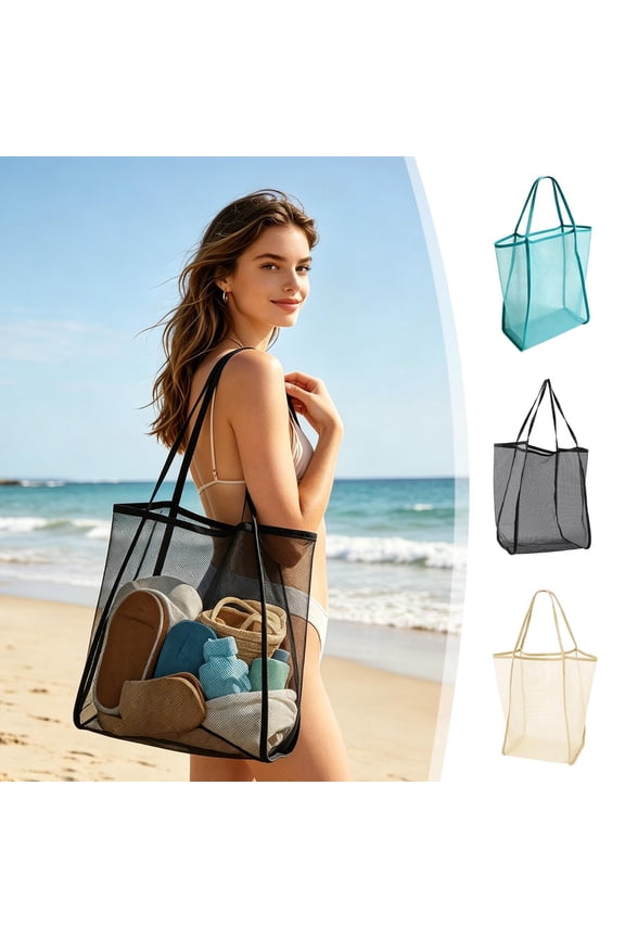 Breathable Mesh Beach Tote Bag Large Capacity Transparent Net Shoulder Shopper Reusable Grocery and Travel Carryall Lightweight Washable Foldable for Pool Market and Vacation