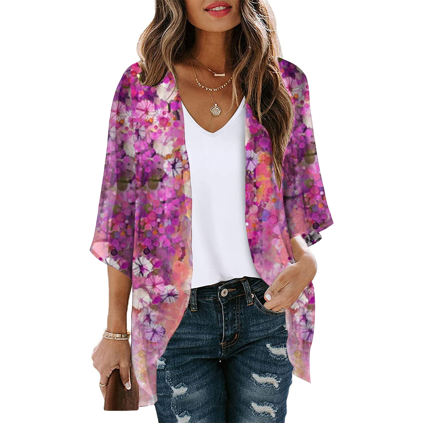Women's Floral Kimono Cardigan - Lightweight Chiffon Beach Cover Up & Casual Top (Medium, White Floral) - View #4