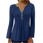 onlyliua Clearance Women's Casual Loose Shirt V-Neck Lace Splicing Button Long Sleeve T-Shirt Fashion Ribbed Blouse Top Pullover # Deal of the Day Prime Today Only Clearance Dark Blue XXXL