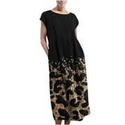 onlyliua Dresses for Women, Women's Maxi Dress Print Plus Size Loose Summer Crew Neck Cotton Linen Long Dresses with Pockets On Sale Clearance Items for Women Sales Today #1