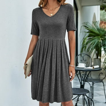 onlyliua Dresses for Women Summer Solid Color V-Neck Pleated Skirt Leisure Short Sleeve Loose Fit Skirt Deals of the Week Clearance