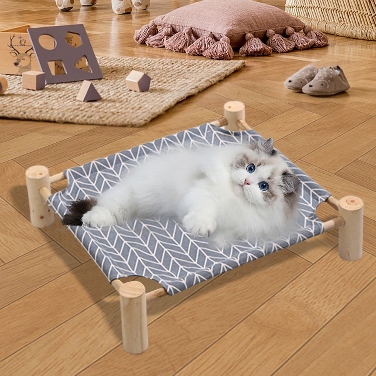 onlyliua Elevated Wooden Suspended Dog Bed Foldable Outdoor Indoor Raised Cool Pet Lounger With Breathable Canvas Detachable Frame For Small Dogs And Cats Portable Travel Pet Bed