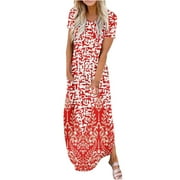 onlyliua Maxi Dresses for Women 2024, Women's Casual Loose Sundress Long Dress Short Sleeve Split Maxi Dresses Summer Beach Dress with Pockets