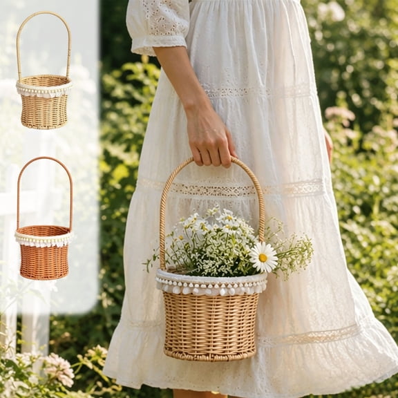 onlyliua Plastic Rattan Woven Basket with Tassel Handle Decorative Storage Bin for Home Organization Flower Arrangement Market Tote Laundry Toy Basket Rustic Farmhouse Accent