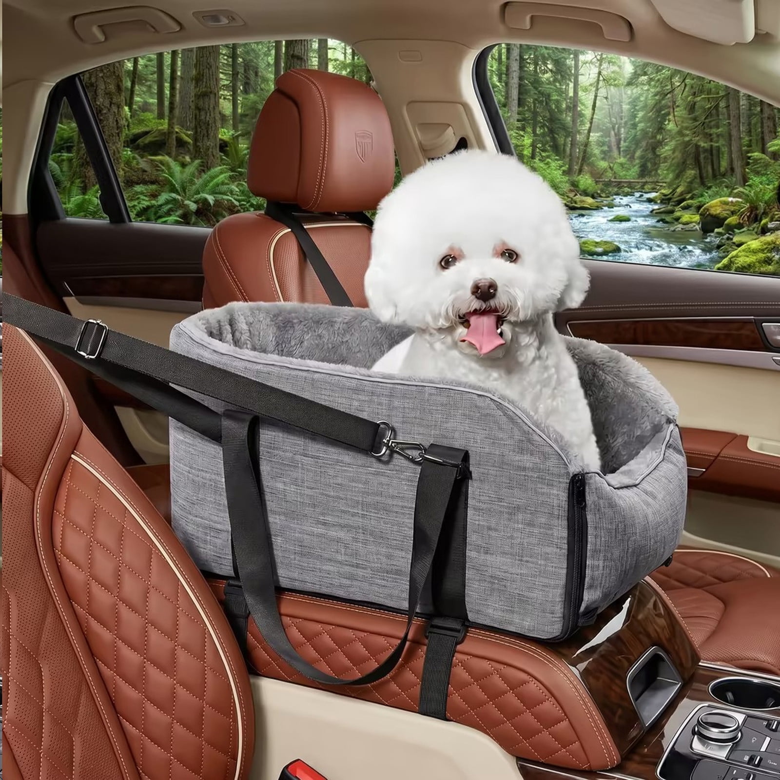onlyliua Portable Pet Car Seat For Cats And Small Dogs Detachable Center Console Carrier Padded Cushion Safety Strap Carry Handle Breathable Mesh Removable Washable Liner Secure Travel Car Seat For
