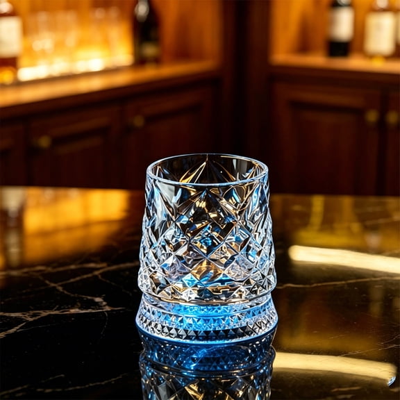 onlyliua Rotating Whiskey Glass Set 360° Crystal Ribbed Glasses with 7‑Color Ambient LED Base Spinning Barware Novelty Cocktail Drinkware Gift for Home Bar Man Cave Entertaining