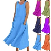 onlyliua Summer Saving Clearance Linen Dresses for Women 2024 Casual Cotton Linen Dress Sleeveless Flowy Maxi Dress Solid Color Beach Tank Dress with Pockets